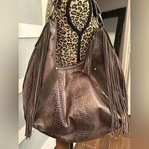 Express Gray Snakeskin Hobo Bag with Fringe